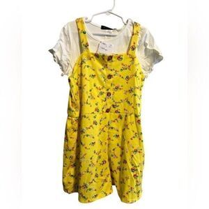 NWT Girls Yellow Floral Overall Romper Shorts White Short Sleeve Shirt - Size 14